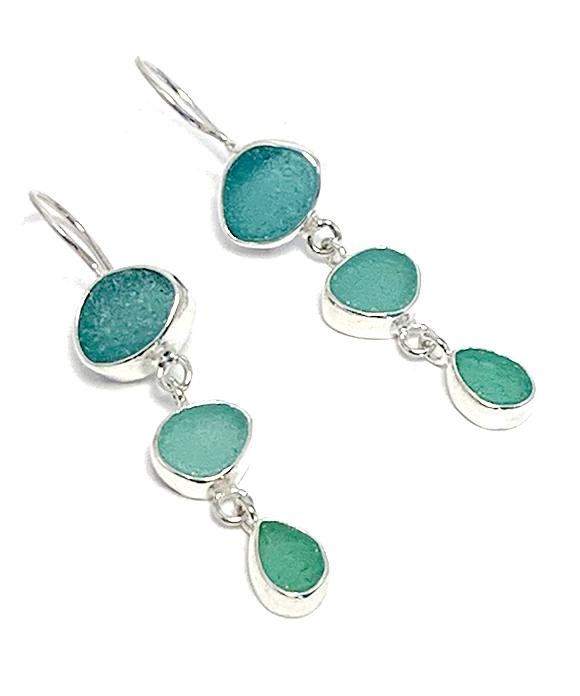 Shades of Aqua Natural Shape Sea Glass Triple Drop Earrings