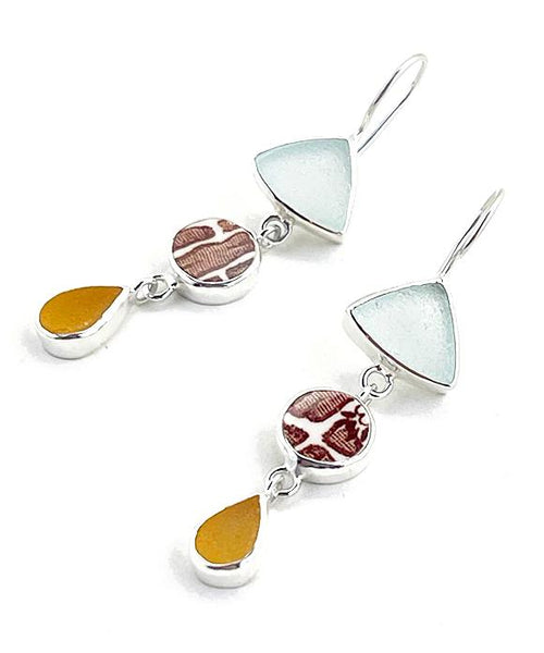 Clear & Amber Sea Glass with Brown & White Vintage Pottery Triple Drop Earrings