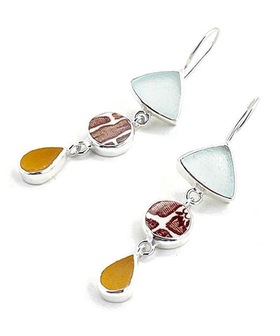 Clear & Amber Sea Glass with Brown & White Vintage Pottery Triple Drop Earrings