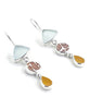 Clear & Amber Sea Glass with Brown & White Vintage Pottery Triple Drop Earrings