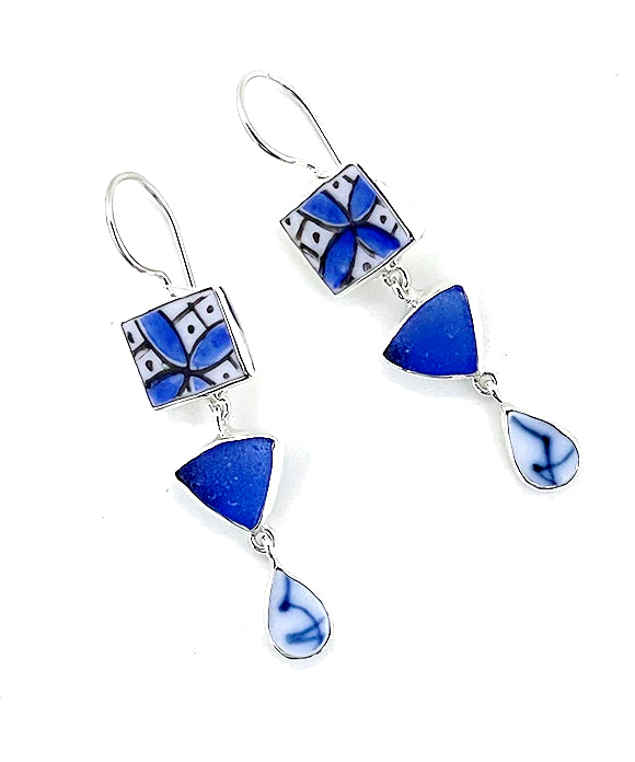 Blue Patterned Vintage Pottery with Cobalt Sea Glass Triple Drop Earrings