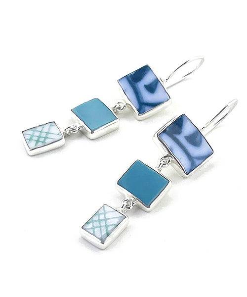Blue & White and Aqua Vintage Pottery Triple Drop Earrings