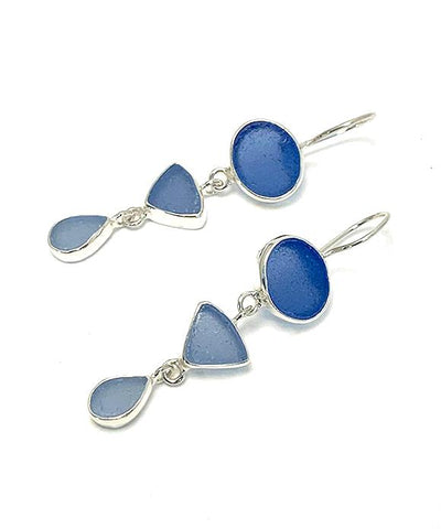 Shades of Blue Multi Shape Sea Glass Triple Drop Earrings