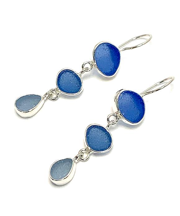 Shades of Blue Natural Shape Sea Glass Triple Drop Earrings #2