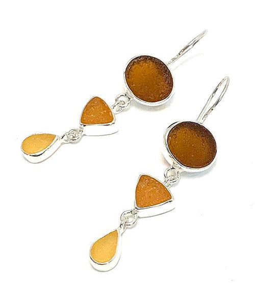 Brown, Amber & Yellow Multi Shape Sea Glass Triple Drop Earrings