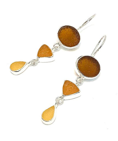 Brown, Amber & Yellow Multi Shape Sea Glass Triple Drop Earrings