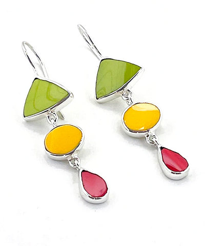 Green, Yelllow & Red Fiesta Ware Vintage Pottery Triple Drop Earrings