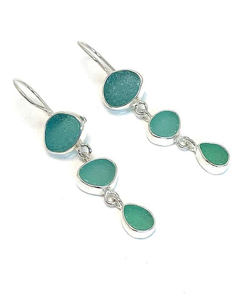 Shades of Dark Aqua Natural Shape Sea Glass Triple Drop Earrings