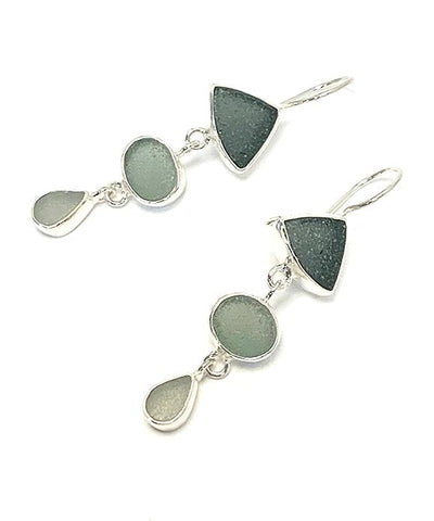 Shades of Grey Multi Shape Sea Glass Triple Drop Earrings