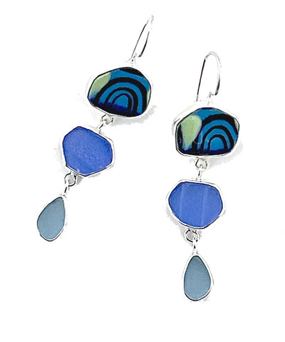 Bold Guatemalan Pottery with Blue & Aqua Sea Glass Triple Drop Earrings