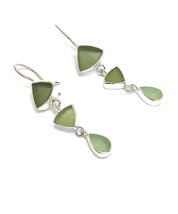 Shades of Sage Green Multi Shape Sea Glass Triple Drop Earrings