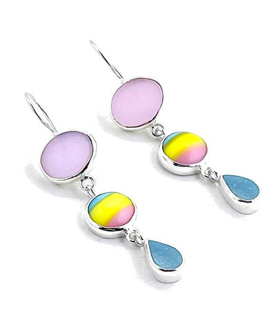 Pink Stained Glass, Vintage Button & Aqua Sea Glass Triple Drop Earrings