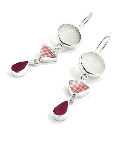 Red & White Vintage Pottery &  Sea Glass Triple Drop Earrings