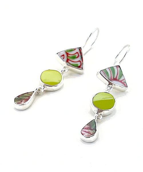 Red & Green Imari Vintage Pottery with Green Fiesta Ware Triple Drop Earrings