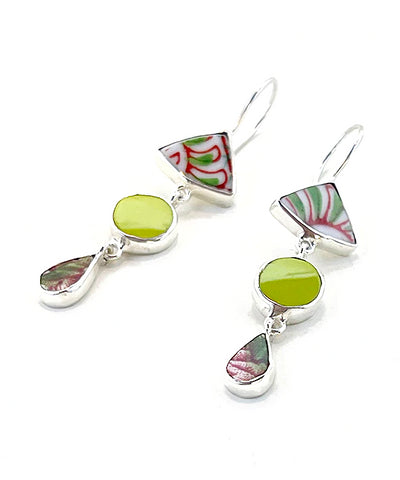 Red & Green Imari Vintage Pottery with Green Fiesta Ware Triple Drop Earrings