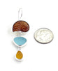 Carved Ivory Shell with Aqua & Amber Sea Glass Triple Drop Earrings