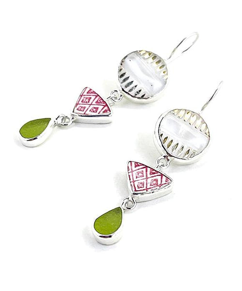 Vintage Button, Red & White Vintage Pottery & Olive Sea Glass Triple Drop Earrings