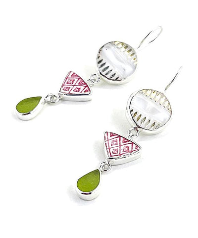 Vintage Button, Red & White Vintage Pottery & Olive Sea Glass Triple Drop Earrings