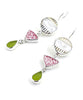 Vintage Button, Red & White Vintage Pottery & Olive Sea Glass Triple Drop Earrings