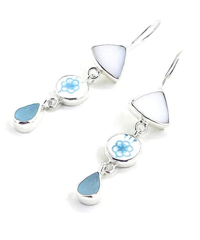 White & Aqua Sea Glass with Aqua Flower Vintage Pottery Triple Drop Earrings