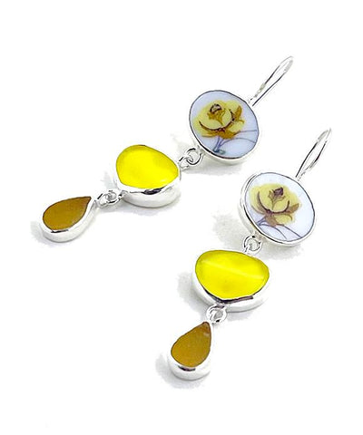 Yellow Rose Vintage Pottery, Vintage Button & Amber Sea Glass Triple Drop Earrings
