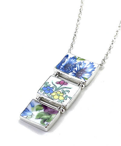 Bold Blue Flowers Triple Drop Barbell Necklace