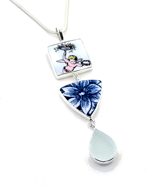 Angel and Bold Blue Vintage Pottery Sea Glass Triple Pendant