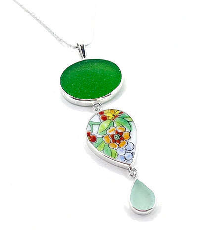 Rich Green Sea Glass with Floral Vintage Pottery Triple Pendant