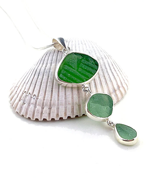 Shades Textured Green Sea Glass Triple Drop Pendant on Sterling Chain