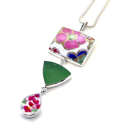 Bold Pink Floral Vintage Pottery & Green Sea Glass Triple Pendant