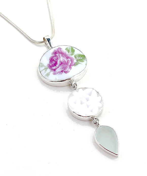 Rose Vintage Pottery, Button & Sea Glass Triple Pendant