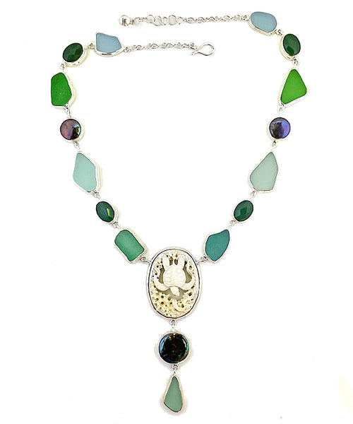 Green and Aqua Sea Glass and Black Coin Pearl with Hand Carved Turtle Necklace