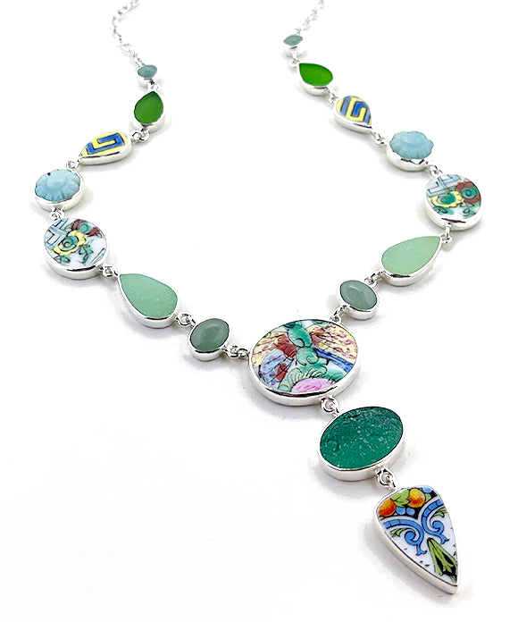 Bold Green Vintage Pottery, Buttons and Stones 17 Piece Y-Necklace