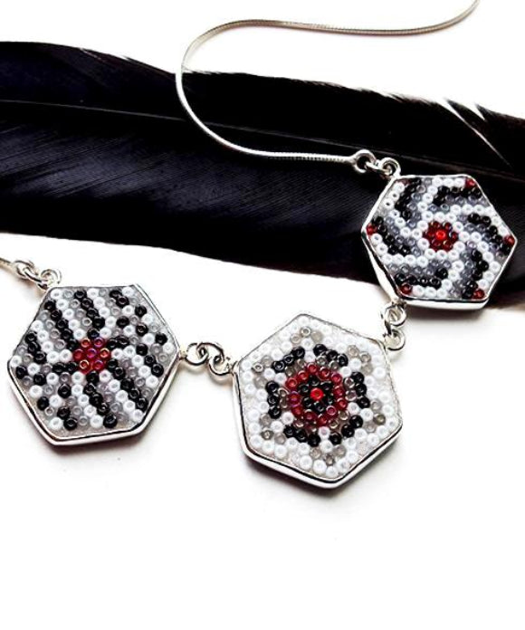 Black, White and Red Mandala Beaded Fused Glass Choker