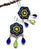 Fused Beaded Glass Mandala Flower Earrings with Sea Glass Drops 