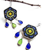 Fused Beaded Glass Mandala Flower Earrings with Sea Glass Drops 