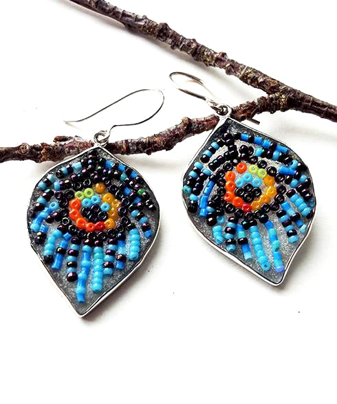 Blue Peacock Beaded Fused Glass Feather Earrings