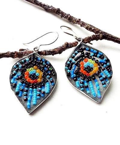 Blue Peacock Beaded Fused Glass Feather Earrings