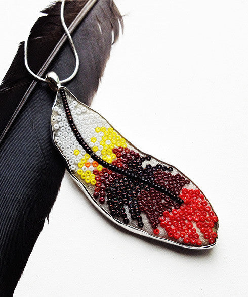 White, Rust and Red Fused Beaded Feather Pendant on Sterling Silver Chain