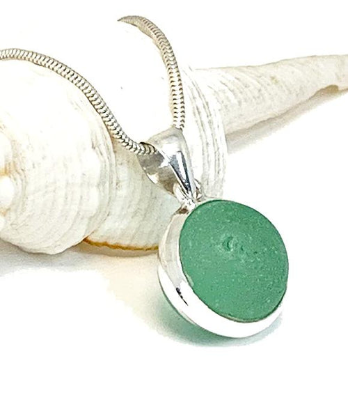 Light Turquoise Green Sea Glass Marble Pendant on Silver Chain