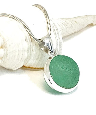 Light Turquoise Green Sea Glass Marble Pendant on Silver Chain