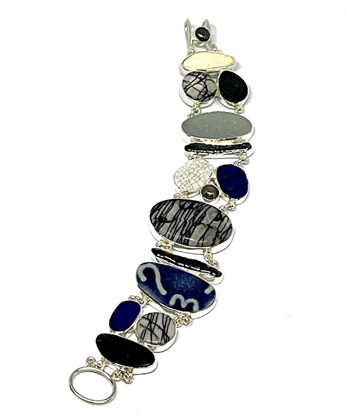 Blue & Grey Sea Glass with Picasso Jasper and Found Sea Pottery Cluster Bracelet