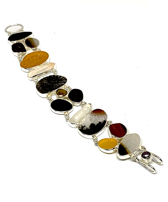 Amber & Brown Sea Glass with Petrified Shell, Crystals & Agate Cluster Bracelet