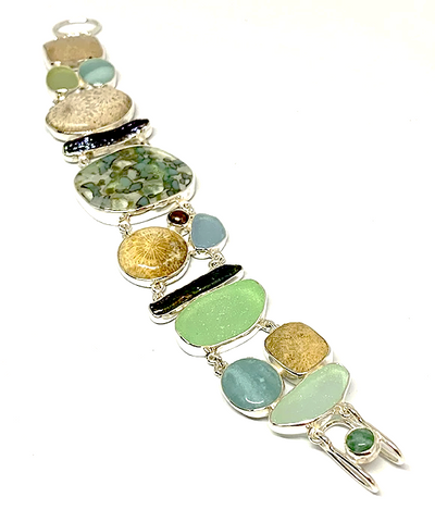 Blue & Aqua Sea Glass with Petrified Coral and Fused Glass Cluster Bracelet