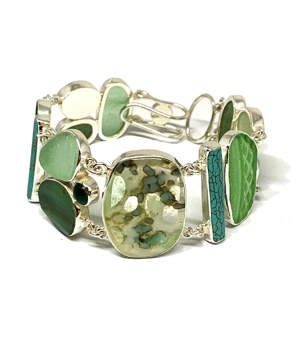 Green & Aqua Sea Glass with Amazonite,Turquoise and Fused Glass Cluster Bracelet