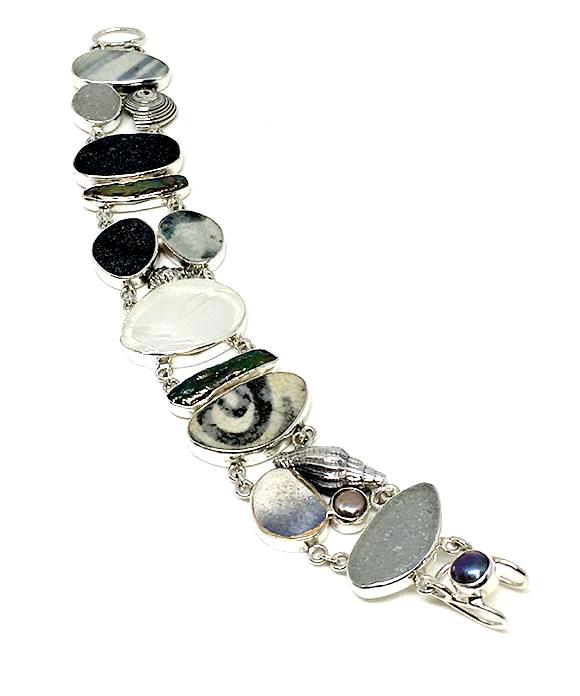 Grey & White Sea Pottery, Sea Glass, Cast Shells & Pearl Cluster Bracelet