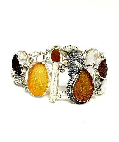 Brown, Amber, Clear Sea Glass, Cast Sea Horse Cluster Bracelet