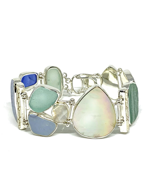 Aqua & Blue Sea Glass and Sea Pottery with Mother of Pearl Cluster Bracelet