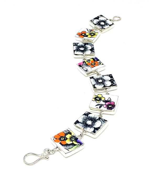 Black & White and Bold Floral Vintage Pottery Bracelet - 7 1/2