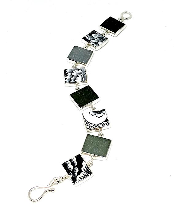 Black and White Floral Vintage Pottery with Grey Sea Glass Bracelet - 7 1/2